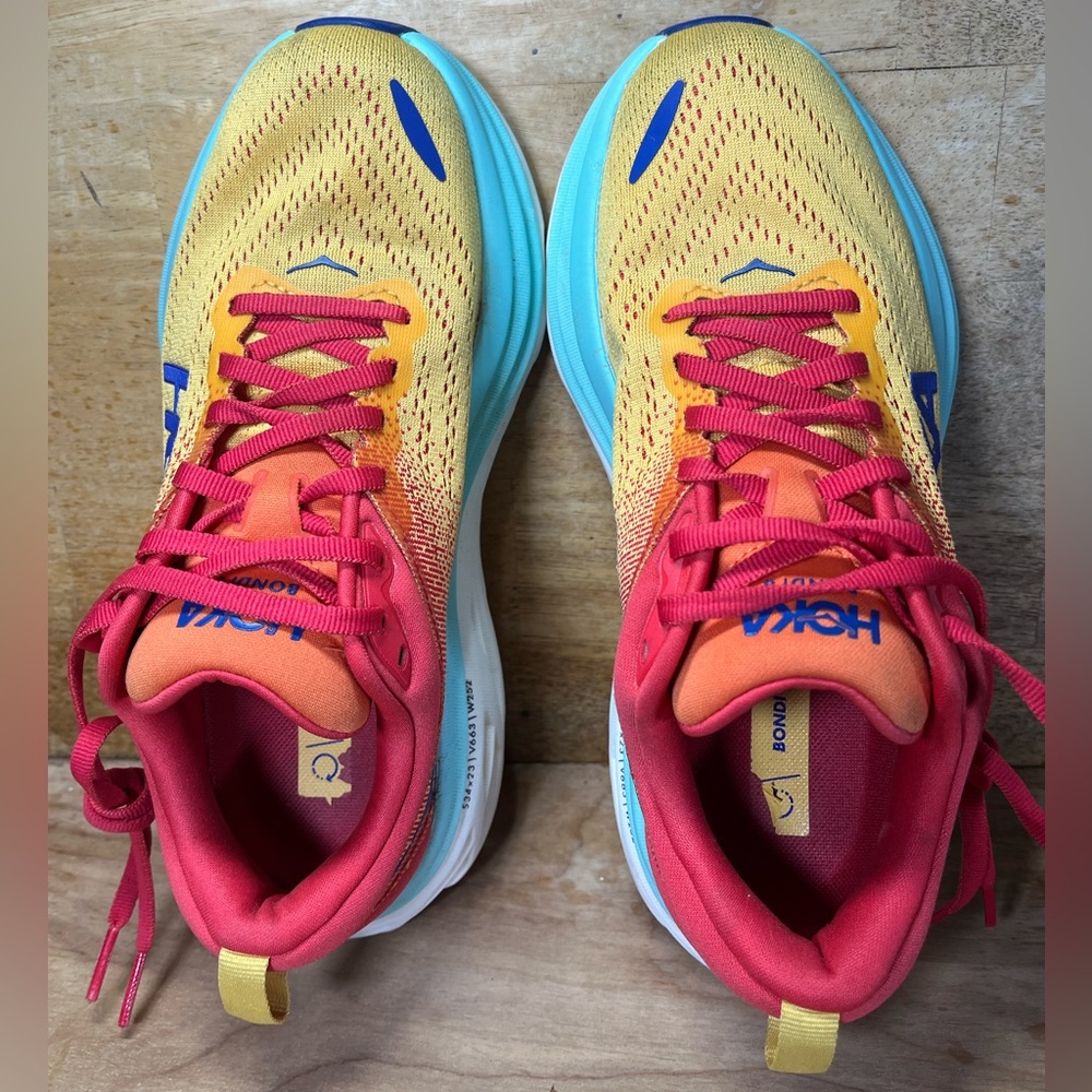Hoka One One Bondi 8 REFLECTIVE Womens Size 6 Running Shoes Sneakers Orange Blue - Picture 7 of 12